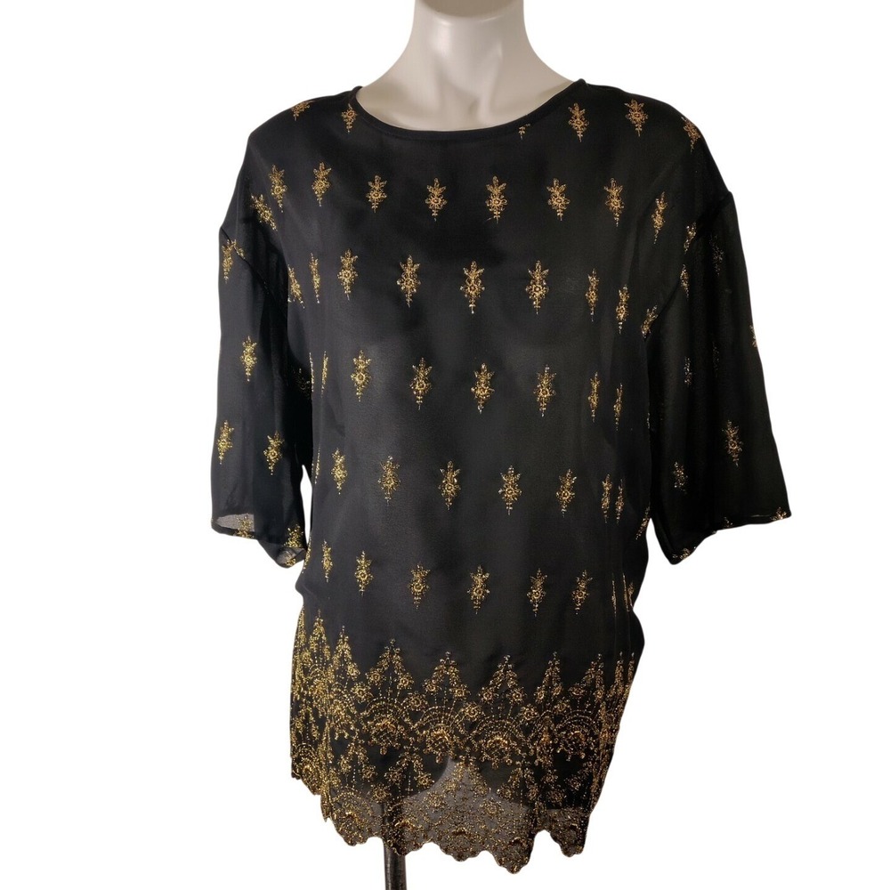 ABS Allen Schwartz Collection Black Blouse Top Gold Embellishments Sz M - Stains